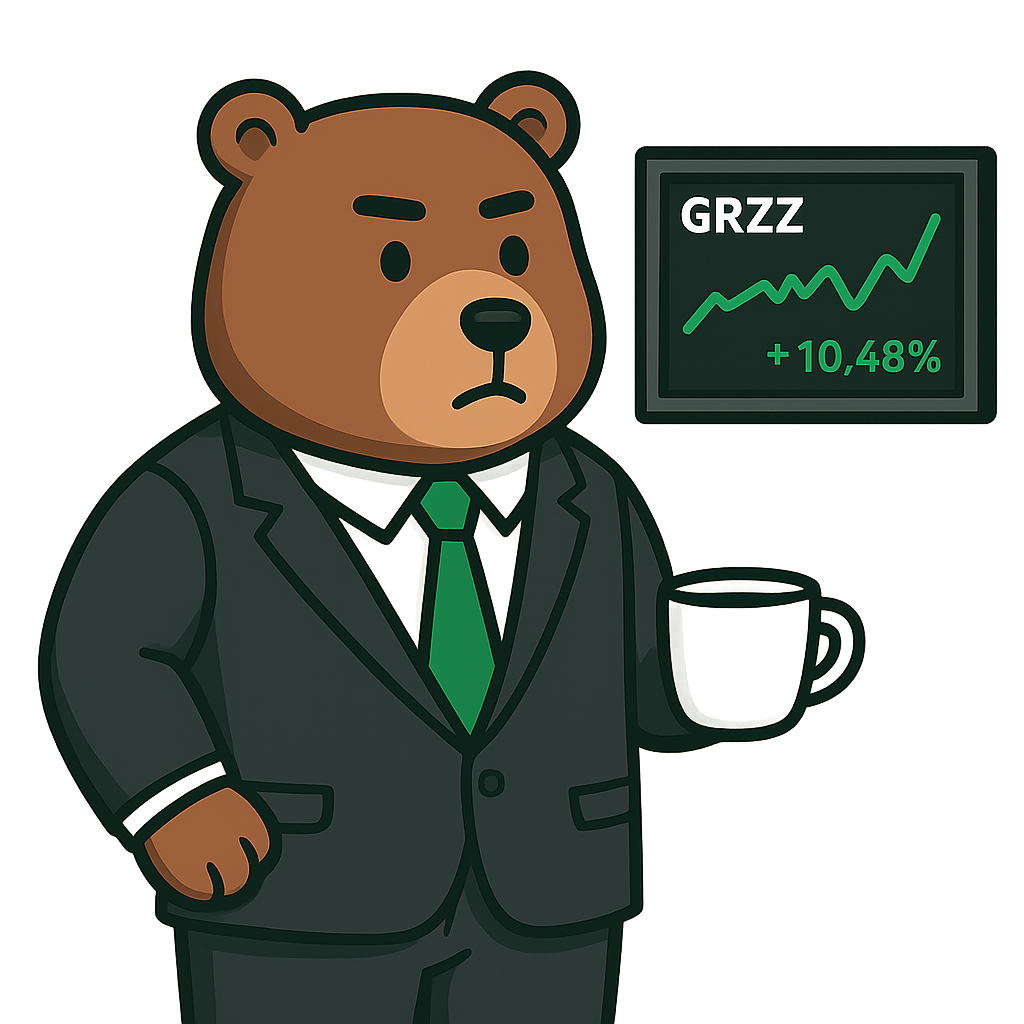 Bear mascot at a stock ticker panel, representing real market data